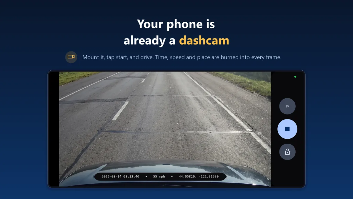 DashCam recording the road ahead, with date, time and speed burned into the frame