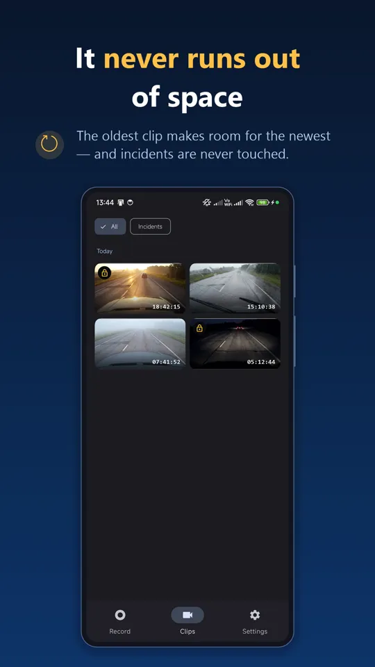 Clips screen listing recorded drive segments with thumbnails