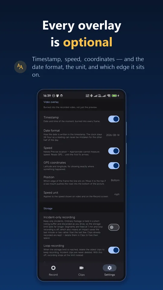 Video overlay settings for timestamp, speed, GPS coordinates and position
