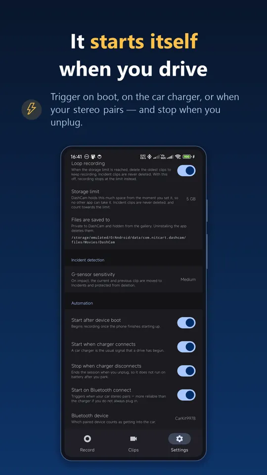 Automation settings to start recording on charger, Bluetooth or boot