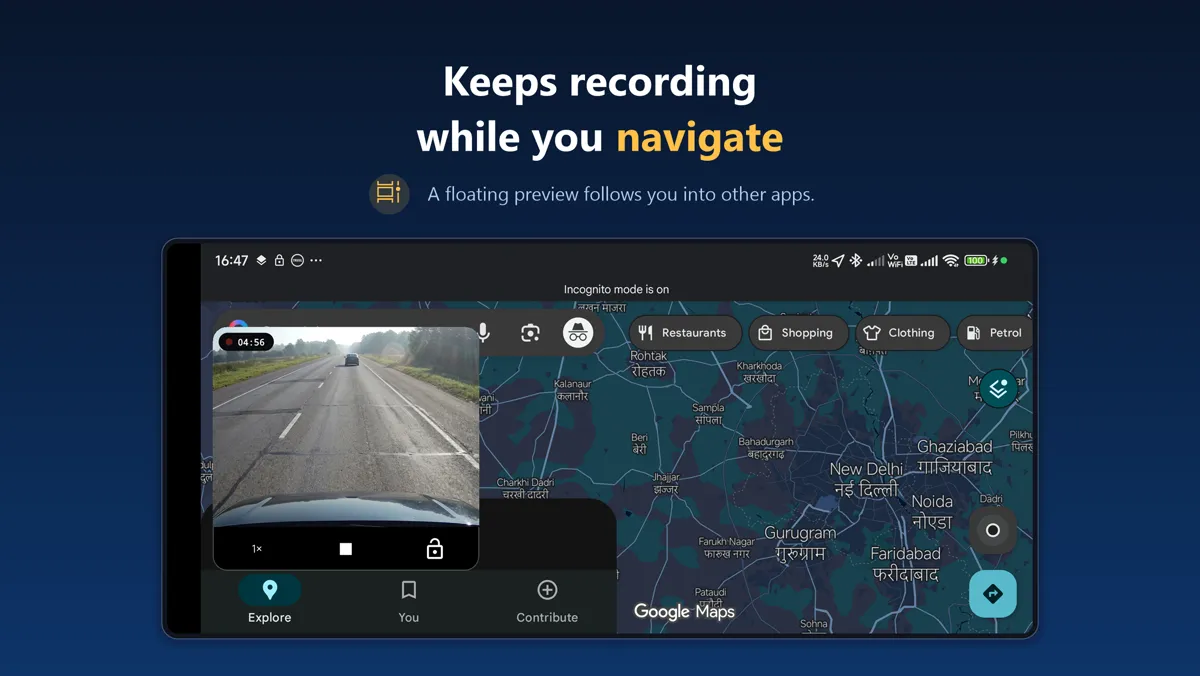 Floating DashCam preview window over a navigation map