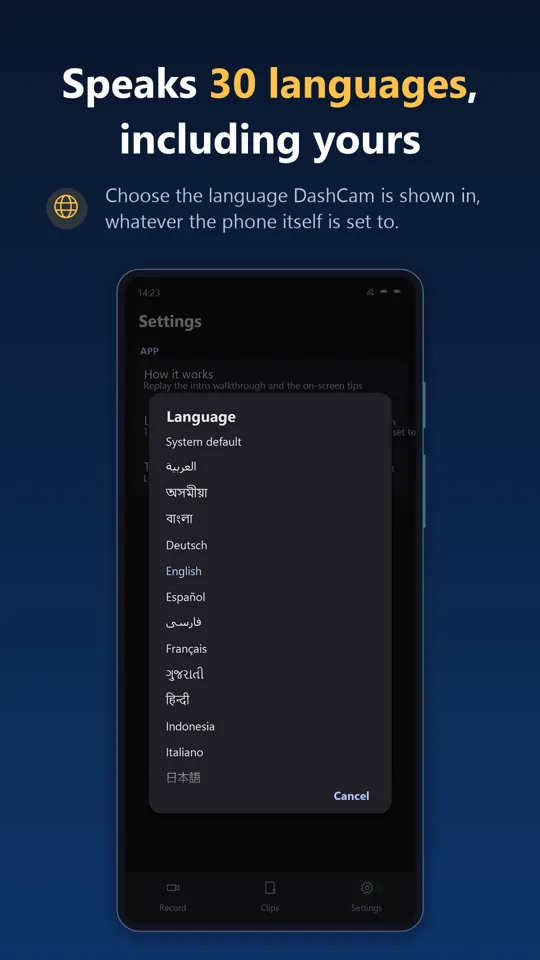 Language picker listing the app's 30 languages