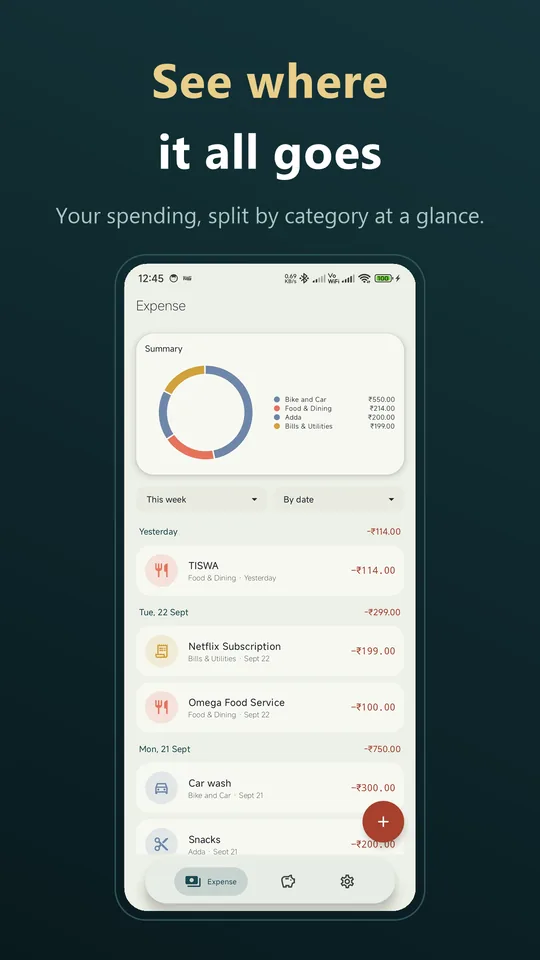 Expense tab with the summary card flipped to a donut chart of spending by category