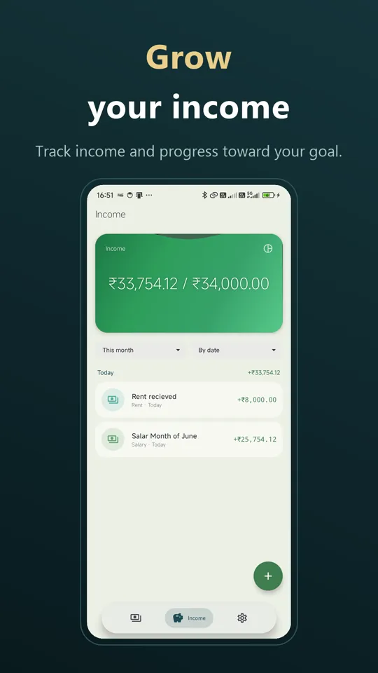 Income tab with a summary card filling toward expected monthly income