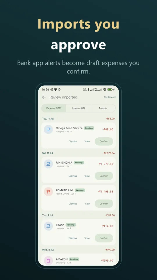 Review imported screen listing pending draft expenses with Confirm and Dismiss buttons