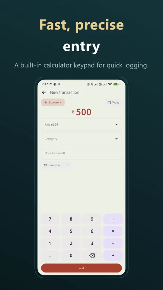 New transaction screen with a built-in calculator keypad