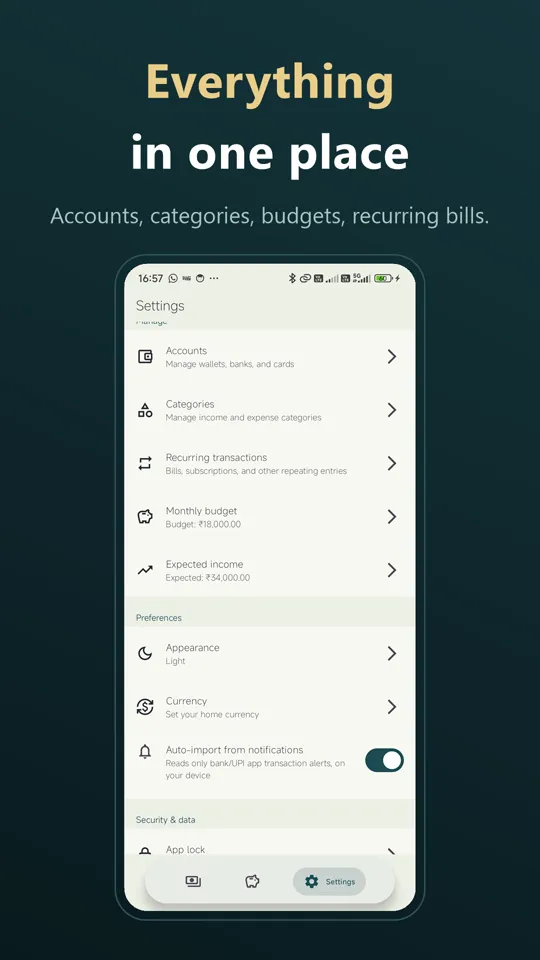 Settings screen with accounts, categories, recurring transactions, security and backup