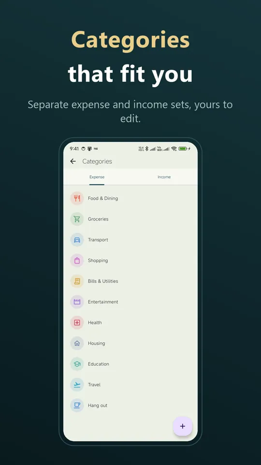 Categories screen with icons and colours for each expense category