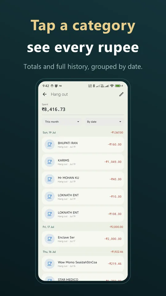 Category detail screen with totals and every transaction in that category