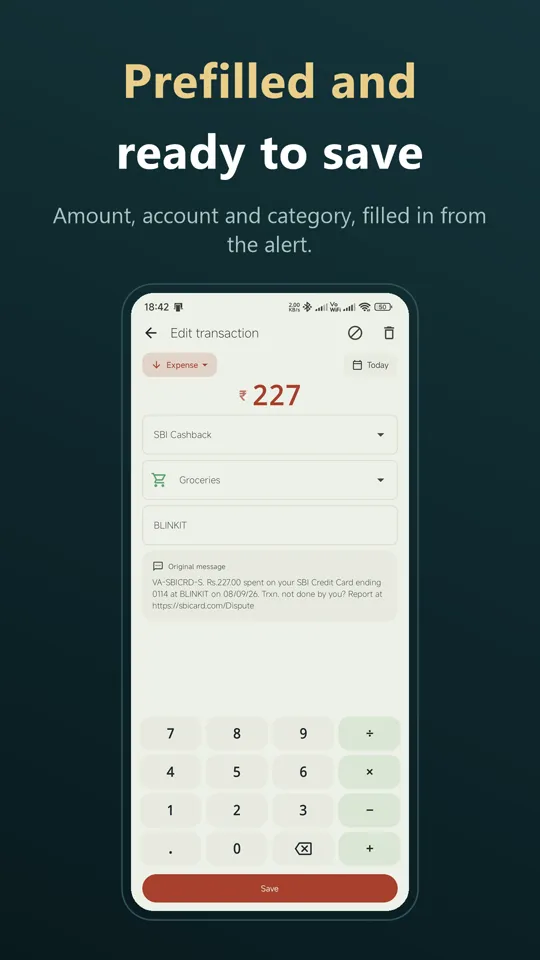Transaction prefilled with amount, account and category from a payment alert