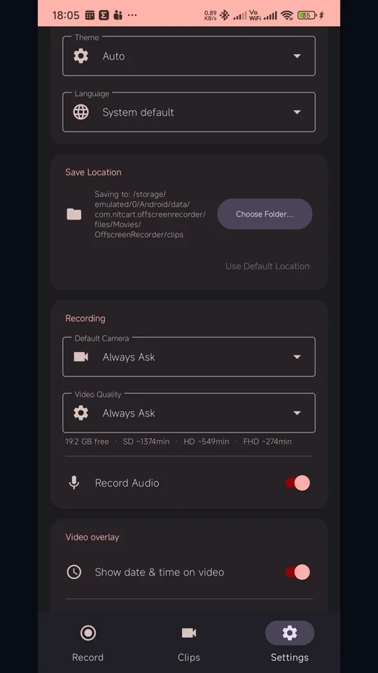 Settings for save location, default camera, video quality, audio and date overlay