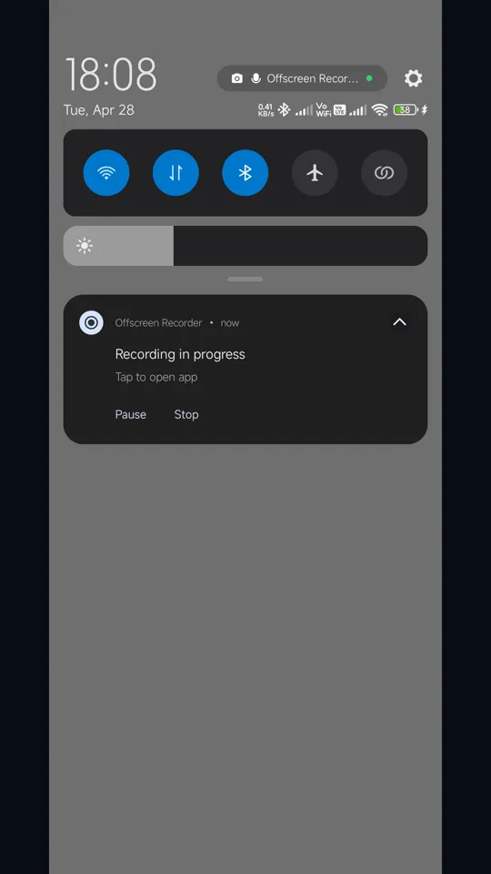 Recording in progress notification with Pause and Stop buttons